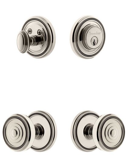 Grandeur Soleil Entry Door Set, Keyed Alike with Soleil Knobs in Polished Nickel.